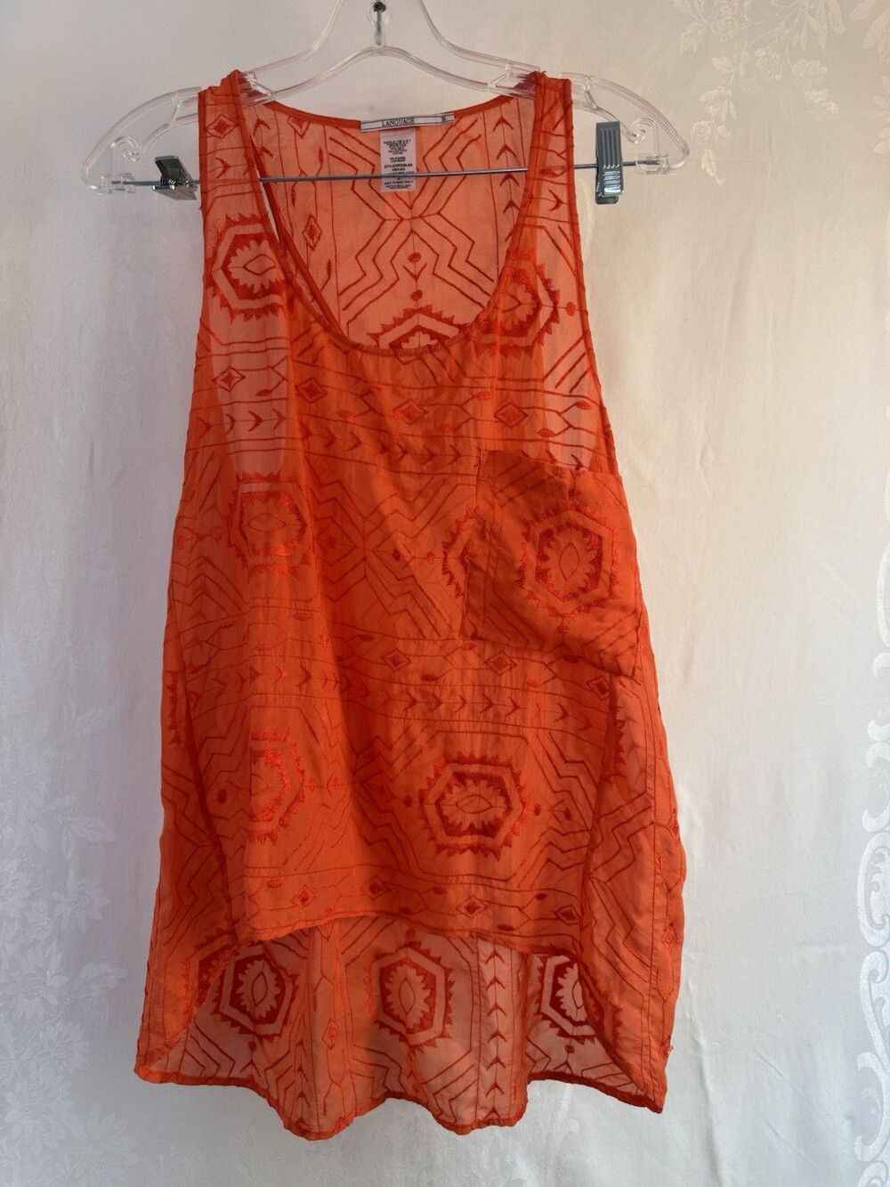 Language Orange Embroidered Tank Top See through Small Silk/Cotton HI Low